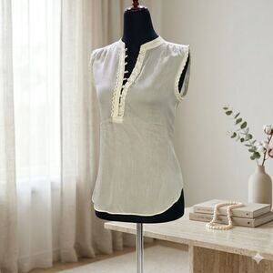 Ann Taylor Sheer Sleeveless Blouse Petite XS Ivory Lace Trim Ruffle Neck Top